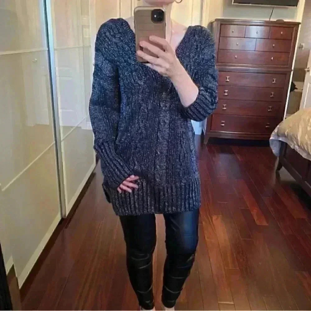 Topshop Oversized Sweater Cable Knit V Neck Tunic Black Silver Metallic Small 4 - Picture 15 of 15